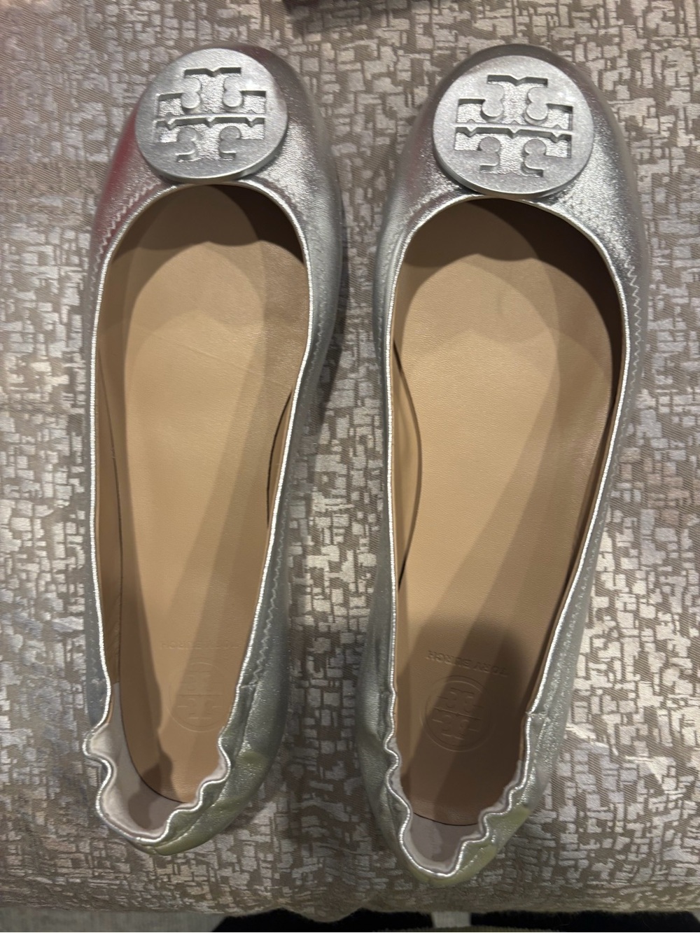 Authentic Tory Burch Silver Reva Leather Ballet Flats